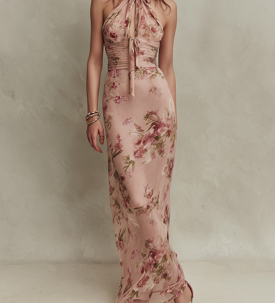 Lia - Elegant Floral Print Chiffon Maxi Dress with Keyhole Neckline