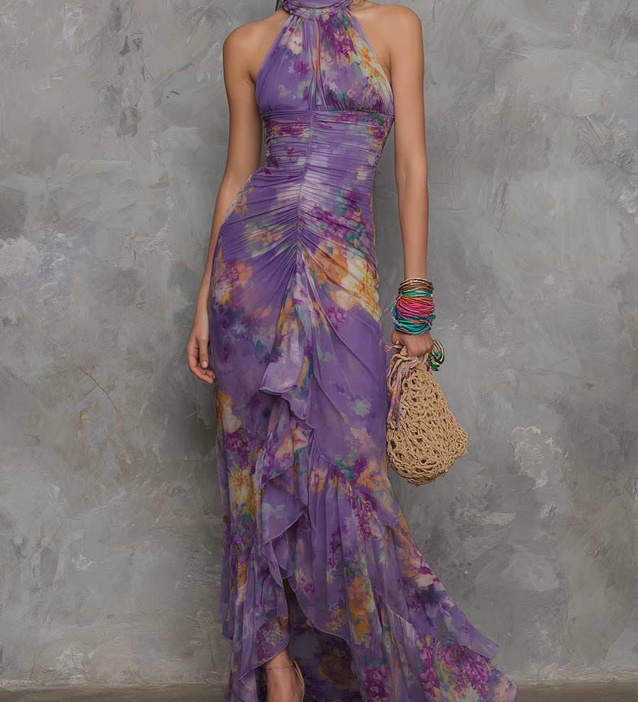 Anna - Elegant Purple Floral Chiffon Halter Maxi Dress