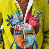 Knitted cardigan with painted portrait art print and buttons