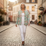 Christa - Sage Green Cardigan with Rose Pattern