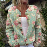 Harper - Cardigan with rose print on a sage background and Buttons