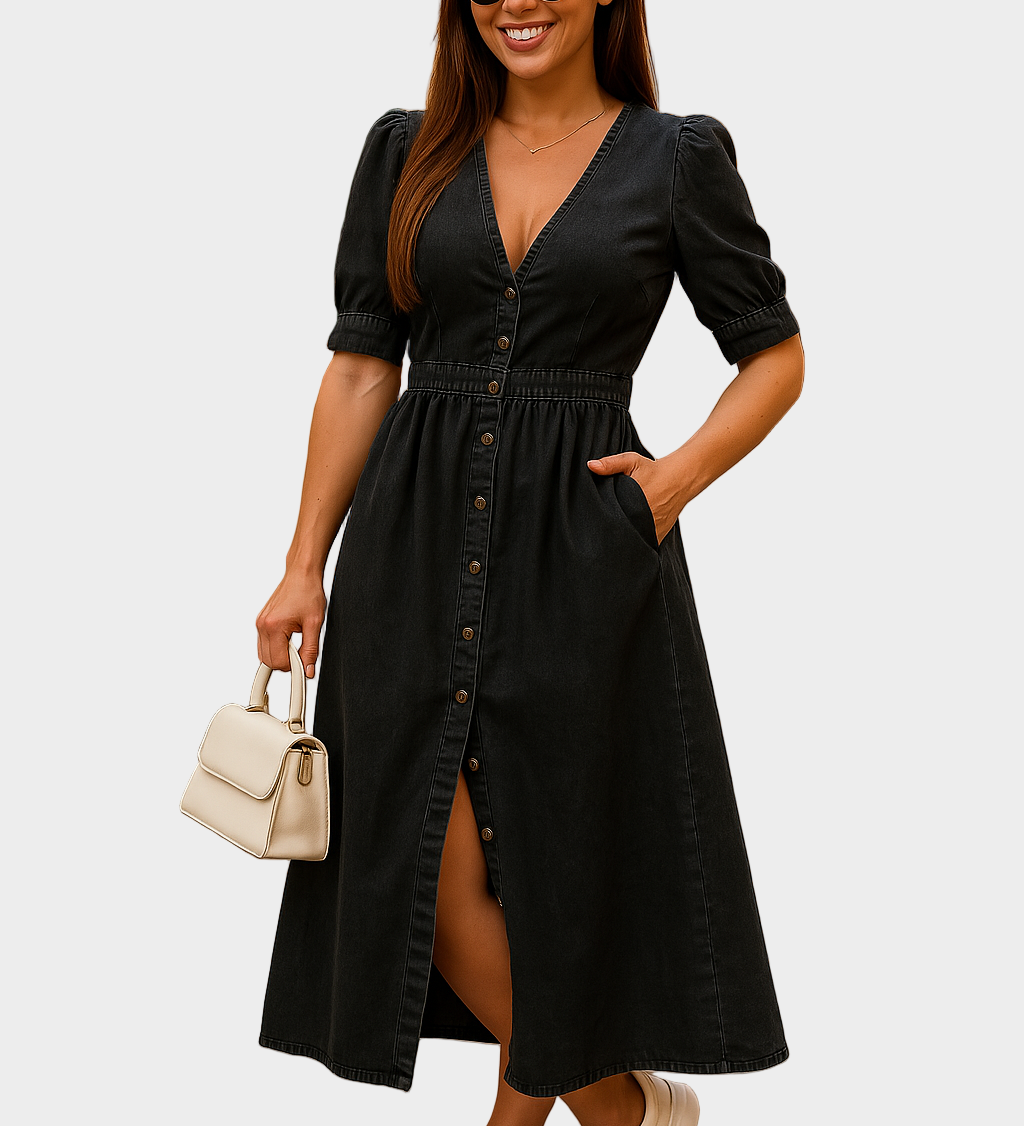 Nadine - Denim Maxi Dress with Buttons