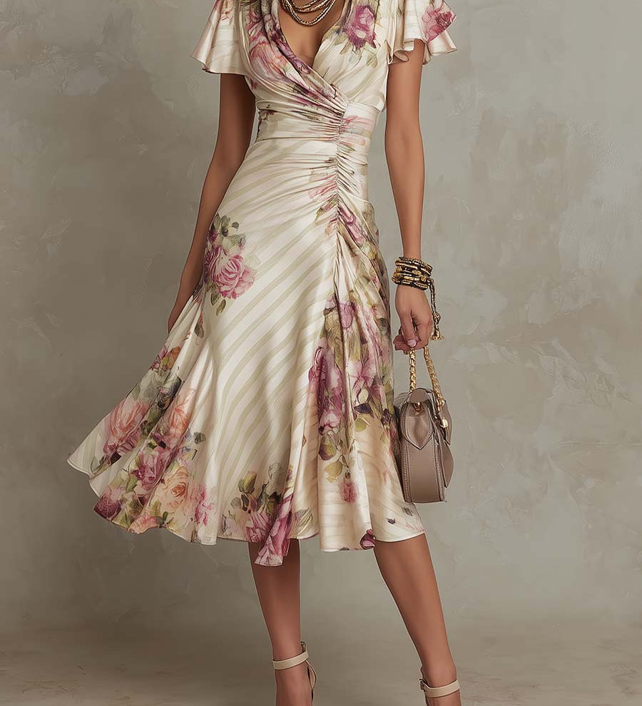 Albas - Elegant Retro Floral Satin Midi Dress