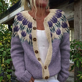 Mia - Cardigan with a Print of Purple Flowers and Buttons