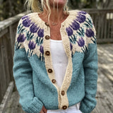 Mia - Cardigan with a Print of Purple Flowers and Buttons