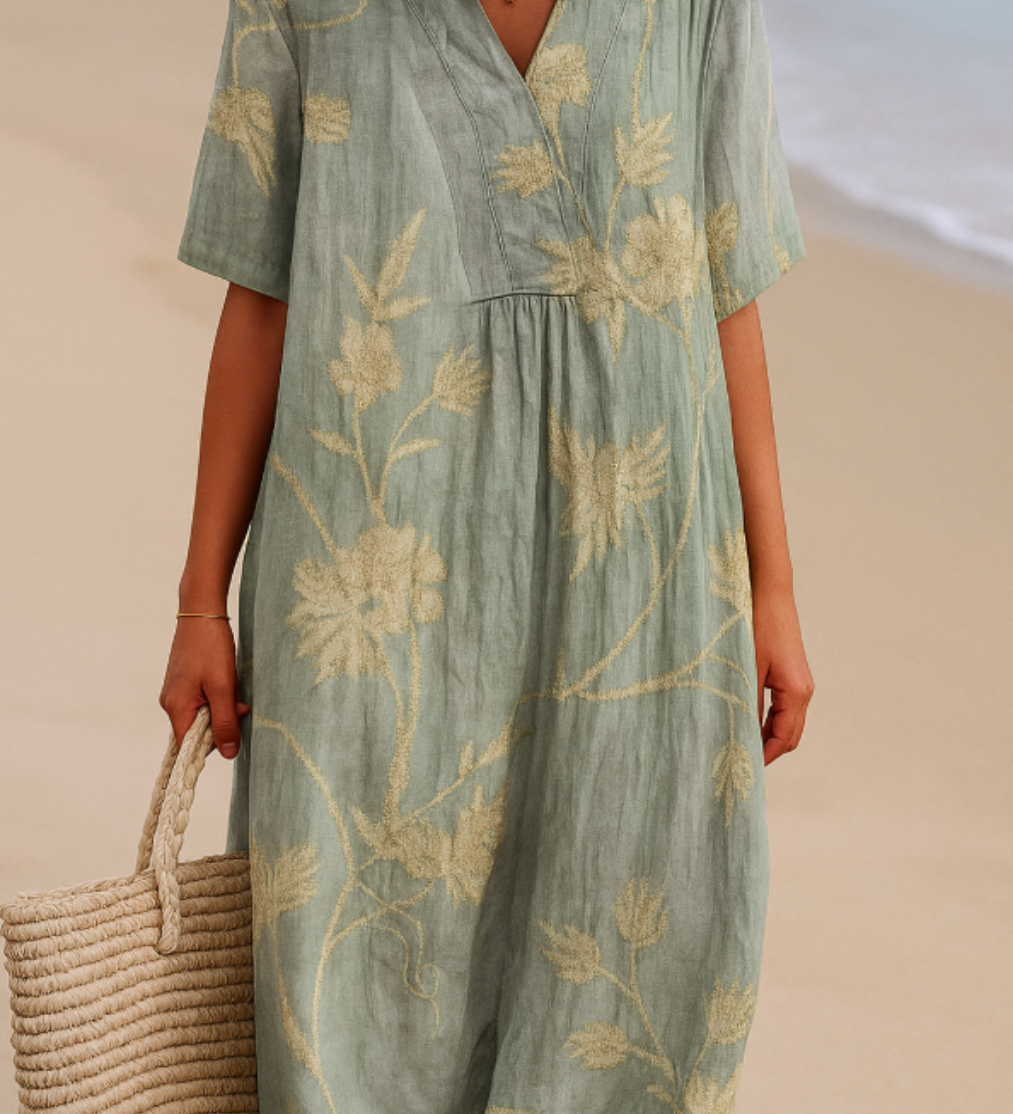 Clementina - Blue-Grey Dress with Floral Embroidery