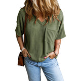 Janelle - Casual Textured Pocket V-Neck Tee