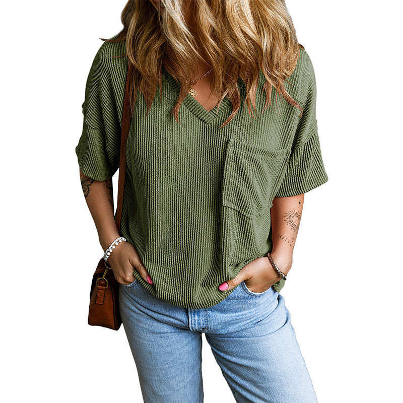 Janelle - Casual Textured Pocket V-Neck Tee