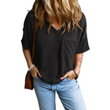 Janelle - Casual Textured Pocket V-Neck Tee