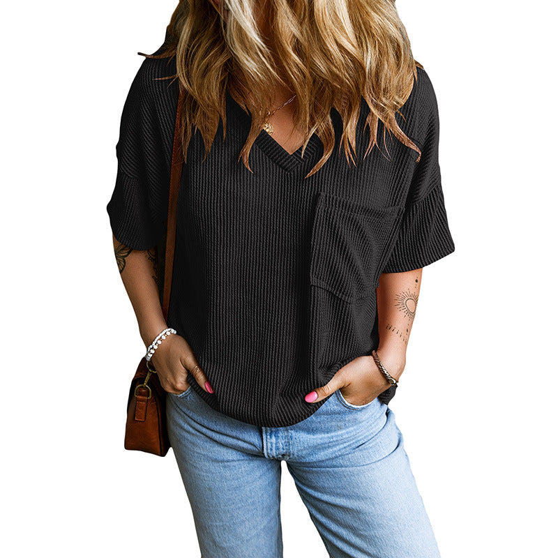 Janelle - Casual Textured Pocket V-Neck Tee