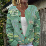 Ava - Cardigan with Watercolor Print of Water Lilies and Buttons