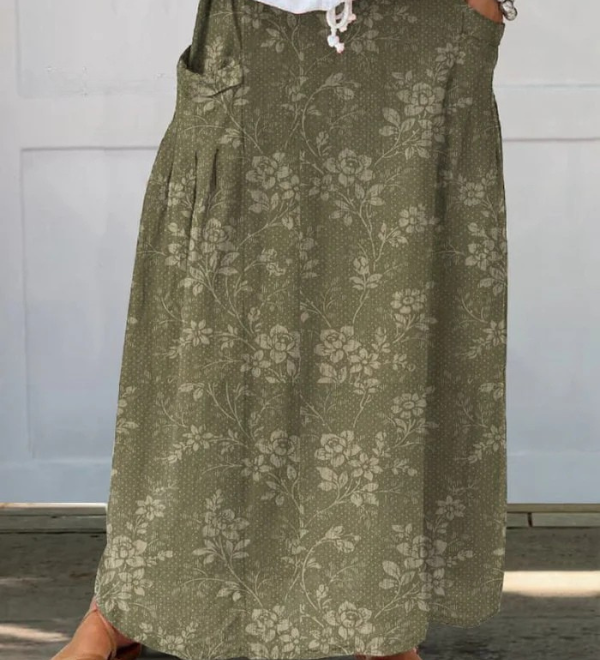 Women's Vintage Floral Linen Elastic waistband Pocket Skirt