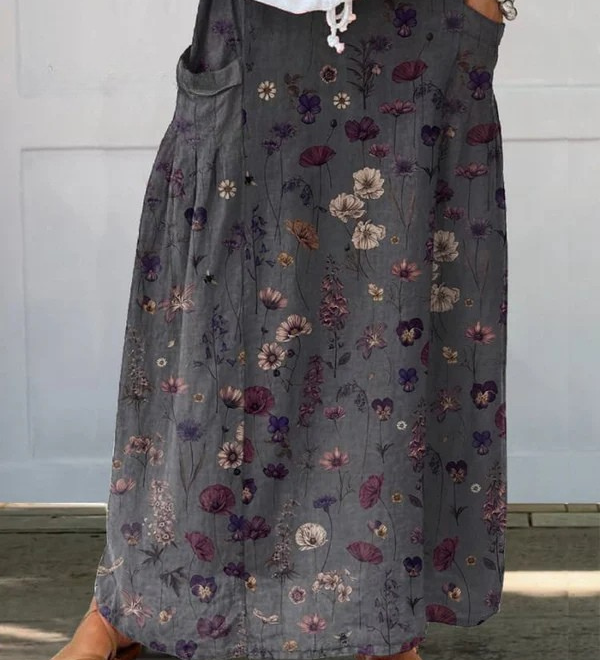 Women's Flower Art Print Linen Pocket Skirt