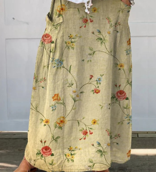 Women's Retro Elegant Floral Art Linen Elastic waistband Pocket Skirt