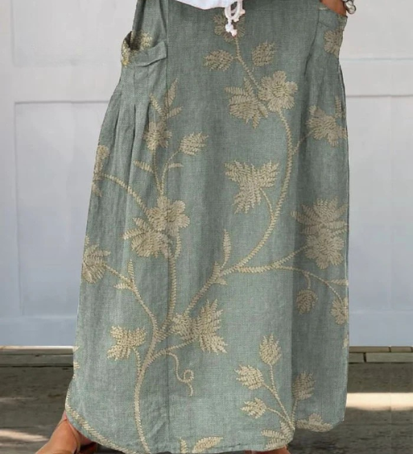 Women's Retro Elegant Floral Art Linen Elastic waistband Pocket Skirt