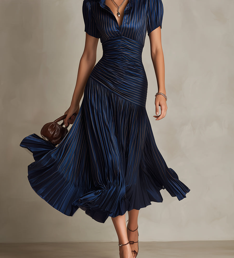 Donna - Striped Shirt Collar Midi Dress