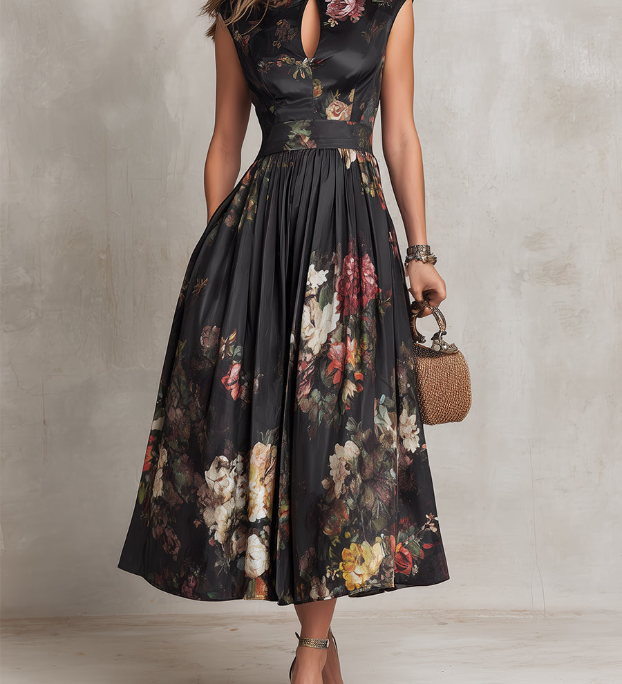 Sarah - Floral Keyhole Pleated Midi Dress