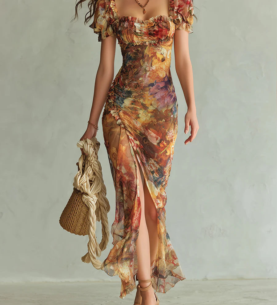 Viola - Long orange chiffon dress with bohemian-style oil painting print