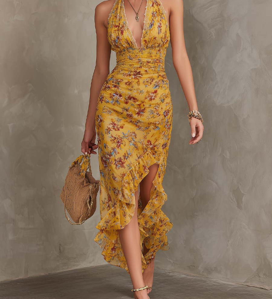 Emma - Ginger Yellow Floral Halter Neck Fitted Waist Chiffon Midi Dress