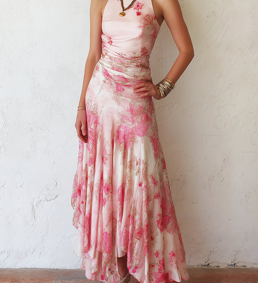 Katty - Pink Floral Chiffon Pleated Print Sleeveless Midi Dress