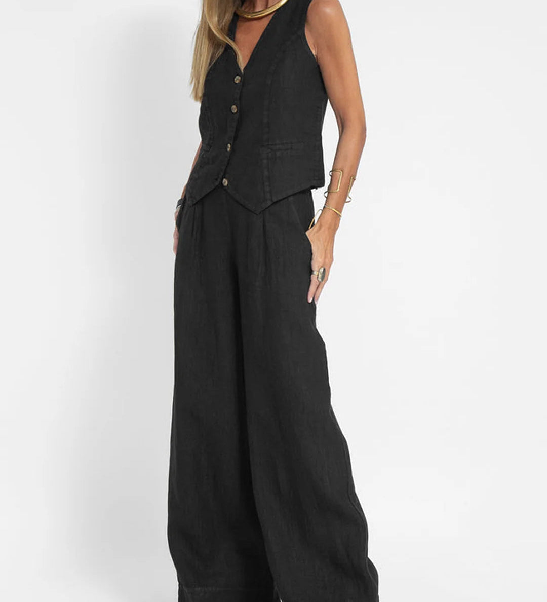 Rose | Set of Buttoned Vest and Wide Pants